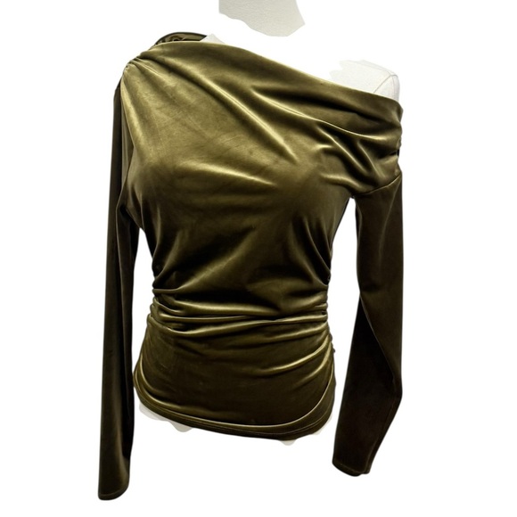 Abercrombie & Fitch XS GOLD/Green Asymmetrical Shoulder Ruched Long Sleeve Top - Picture 10 of 12